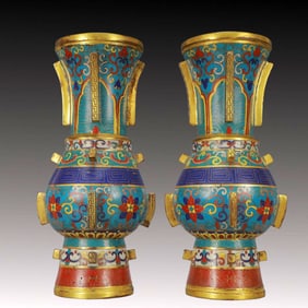 A Pair of Exquisite Cloisonne Lotus Pattern Vases
