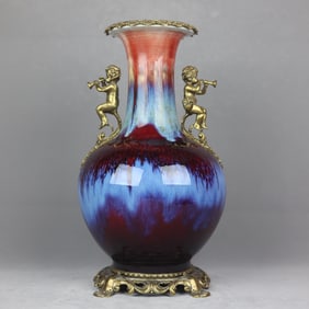 A Huge Flambe Glazed Inlaid Bronze Figure Double-Ears Vase