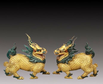A Pair of Rare Gilt Bronze Kylin Ornaments