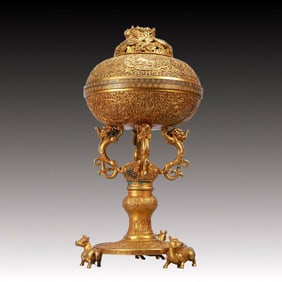 A Rare Gilt Bronze Lotus and Auspicious Beast Pattern Censer