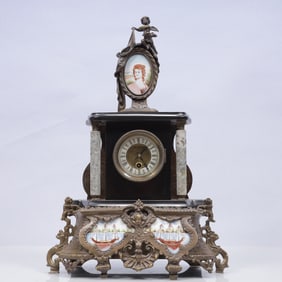 An Exquisite Copper Inlaid marble Figure Pattern Table Clock Ornament