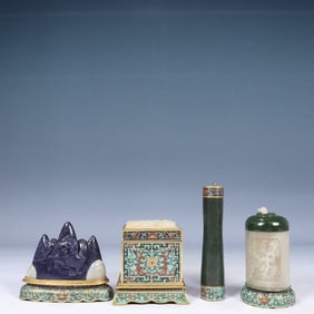 A Set of Fine Cloisonne Inlaid Jade Lotus Pattern Ornaments