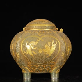 An Exquisite Gilt Silver Figure and Auspicious Beast Pattern Four Legs Cover Jar