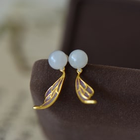 A Pair of Exquisite Sterling Silver-Gold Plated Inlaid White Jade Earrings