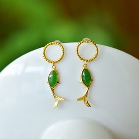 A Pair of Exquisite Sterling Silver-Gold Plated Inlaid Jasper Earrings