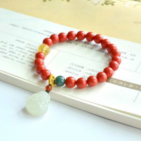 An Exquisite Cinnabar with White Jade and Jasper Bracelets with Statue of Maitreya Buddha