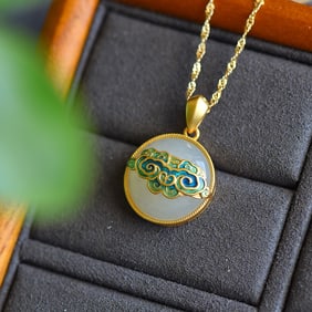 An Exquisite Sterling Silver-Gold Plated Inlaid White Jade Enamel Necklace