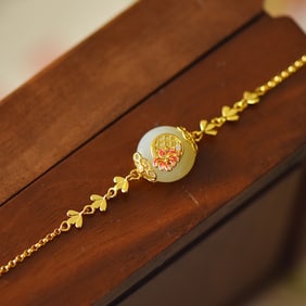 An Exquisite Sterling Silver-Gold Plated Inlaid White Jade Bracelet