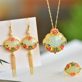 A Set of Fine Sterling Silver-Gold Plated Inlaid White Jade Enamel Jewelry