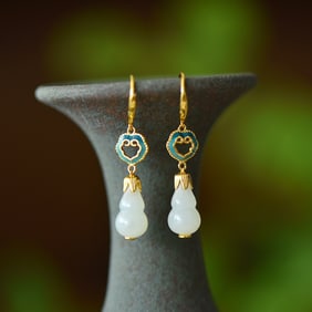 A Pair of Exquisite Sterling Silver-Gold Plated Inlaid White Jade Earrings