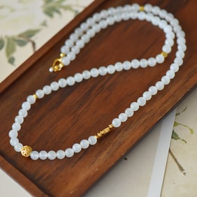 An Exquisite Sterling Silver-Gold Plated Inlaid White Jade Necklace