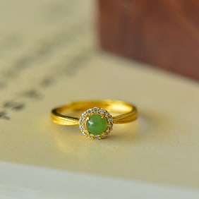 An Exquisite Sterling Silver-Gold Plated Inlaid Jasper Ring,Inlaid Diamond