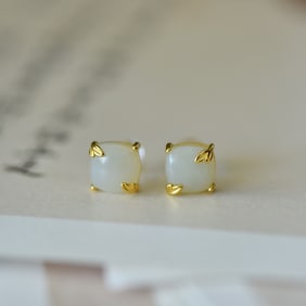 A Pair of Exquisite Sterling Silver-Gold Plated Inlaid White Jade Earrings