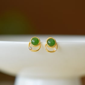 A Pair of Exquisite Sterling Silver-Gold Plated Inlaid Jasper Earrings,Inlaid Diamond