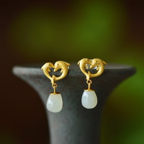 A Pair of Exquisite Sterling Silver-Gold Plated Inlaid White Jade Earrings