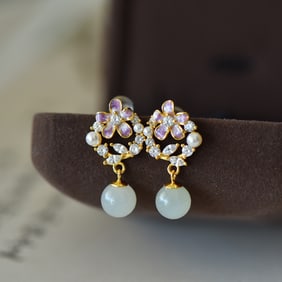 A Pair of Exquisite Sterling Silver-Gold Plated Inlaid White Jade Earrings,Inlaid Diamond