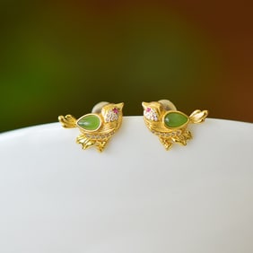 A Pair of Exquisite Sterling Silver-Gold Plated Inlaid Jasper Earrings,Inlaid Diamond