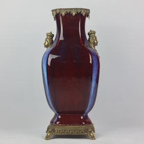 An Exquisite Flambe Glazed Inlaid Bronze Double-Ears Vase