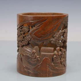 A Exquisite Bamboo Landscape and Figure Pattern Brush Pot