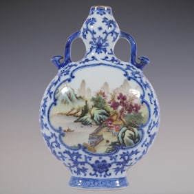An Exquisite Famille-Rose Blue and White Lotus Pattern Landscape Pattern Double-Ears Vase