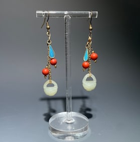 An Exquisite White Jade Inlaid Gems Earrings