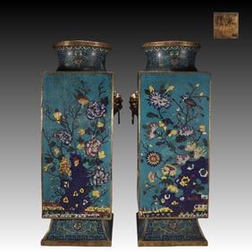 A Pair of Exquisite Cloisonne Lotus Pattern Flower and Bird Pattern Double-Ears Vase