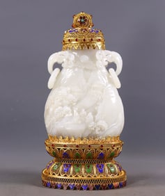 An Exquisite Gilt Bronze Inlaid White Jade Landscape Pattern Double-Ears Vase