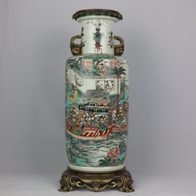 An Exquisite Wucai Inlaid Bronze Character and Story Pattern Double-Ears Vase
