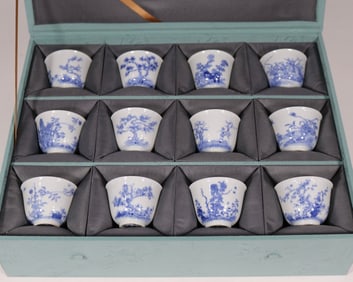 A Set of Fine Blue and White Flower Pattern with poem Cup