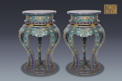 A Pair of Exquisite Cloisonne Lotus Pattern Flower and Bird Pattern Stool