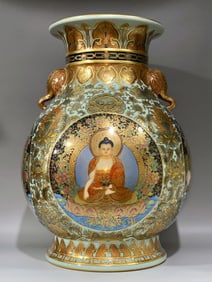 An Exquisite Celadon Glazed Painted Gold Lotus Pattern Buddha Statue Pattern Double-Ears Vase