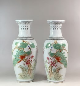 A Pair of Exquisite Enamel Pine, Bamboo and Plum Blossom Pattern Peacock Pattern with poem Vase