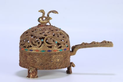 An Exquisite Gilt Silver Inlaid Gems Dragon Pattern Tripod Censer