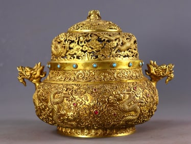 An Exquisite Gilt Bronze Inlaid Gems Dragon Pattern Double-Ears Censer