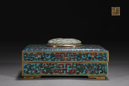 An Exquisite Cloisonne Inlaid White Jade Lotus Pattern Box