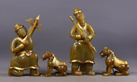 A Set of Fine White Jade Cover with Gold Figure Ornament