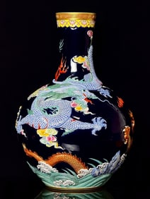 An Exquisite Ji Blue Glazed Painted Gold Dragon Pattern Seawater Pattern Vase