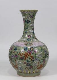 An Exquisite Famille-Rose Celadon Glazed Eight Treasures Pattern Vase