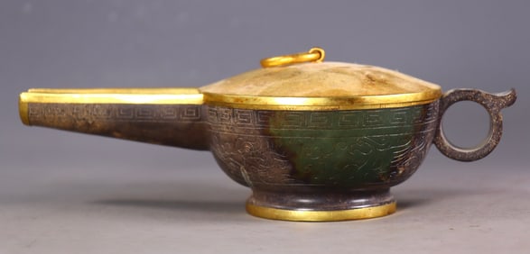 An Exquisite White Jade Cover with Gold Ewer