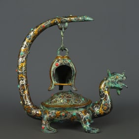 An Exquisite Bronze Inlaid Gold and Silver Inlaid Turquoise Dragon and Phoenix Pattern Auspicious