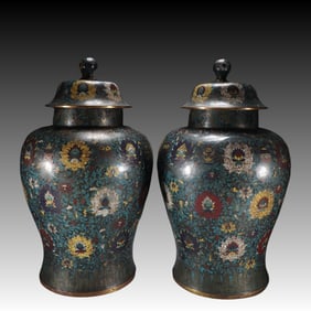 A Pair of Exquisite Cloisonne Lotus Pattern Eight Treasures Pattern Jar