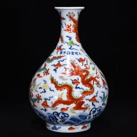 An Exquisite Wucai Blue and White Dragon Pattern Seawater Pattern Vase