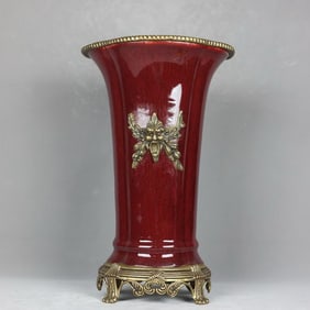 An Exquisite Ji Red Glazed Inlaid Bronze Double-Ears Vase