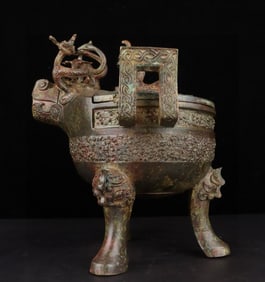 An Exquisite Bronze Beast-Face Pattern With Inscription Double-Ears and Tripod Censer