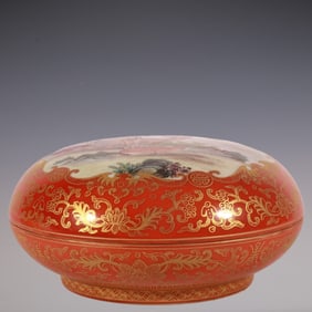 An Exquisite Famille-Rose Iron-Red Painted Gold Lotus Pattern Sika Deer Pattern Box