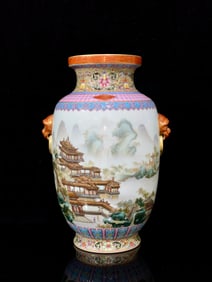 An Exquisite Iron-Red Painted Gold Lotus Pattern Landscape Pattern with poem Double-Ears Vase