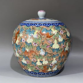 An Exquisite Blue and White Iron-Red Painted Gold Bats Pattern Flower and Fruit Pattern Jar