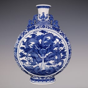 An Exquisite Blue and White Lotus Pattern Bats and Peach Pattern Dragon Pattern Double-Ears Vase