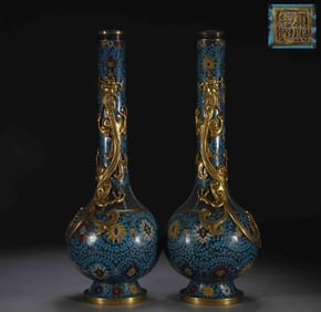 A Pair of Exquisite Cloisonne Chi-Dragon Pattern Lotus Pattern Vase