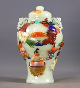 An Exquisite White Jade Inlaid Gems Character and Story Pattern Double-Ears Jar